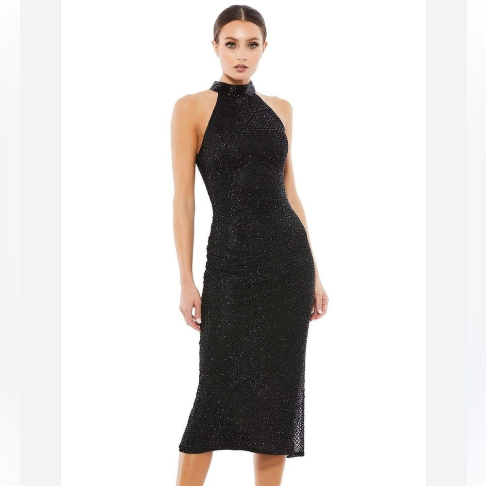 MacDuggal High Neck Black Beaded Dress